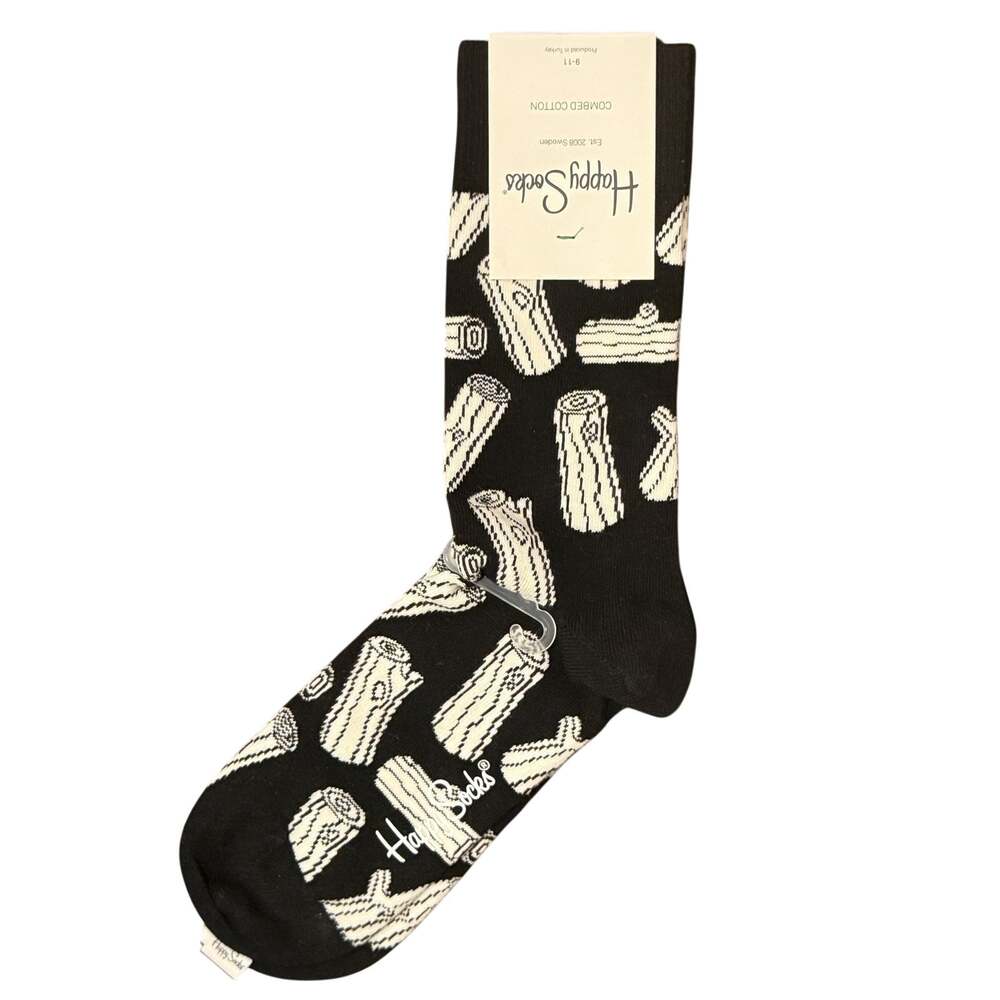 Happy Socks Logs Crew Socks Black White Wood Log Print Size 9-11 NEW With Tag